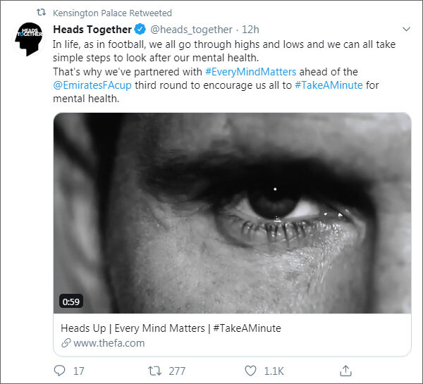 Ретвит объявления Heads Together в аккаунте Кенсингтонского дворца