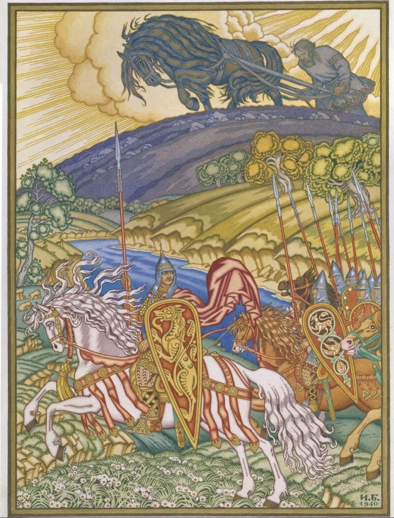 Вольга и Микула. Эскиз иллюстрации к сборнику былин для книги Н.В. Водовозова «Слово о стольном Киеве и о русских богатырях», 1940 г., Государственный Русский музей, Санкт-Петербург