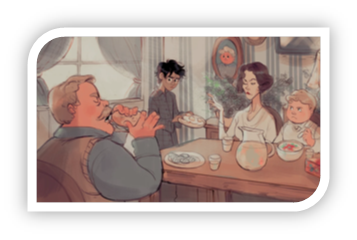 The Dursleys (Vernon, Petunia and Dudley) and Harry Potter in the kitchen of the Dursley's house