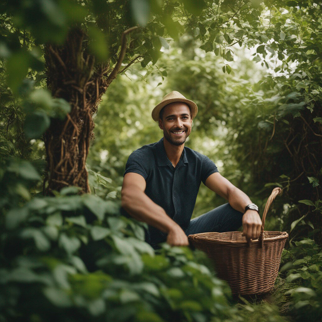 На этой картинке изображен человек, окруженный зеленью и природой. Он собирает лозу и строит планы для создания своей первой корзины. Его лицо выражает радость и умиротворение, свойственные тому, кто находит гармонию с природой.