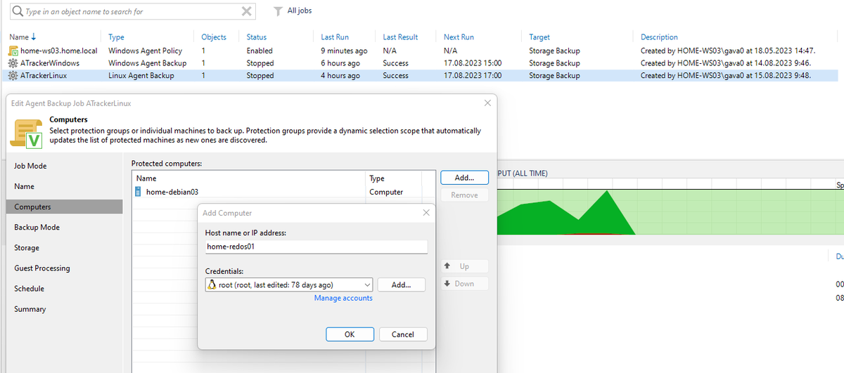 Добавление сервера home-redos01 в задачу резервного копирования