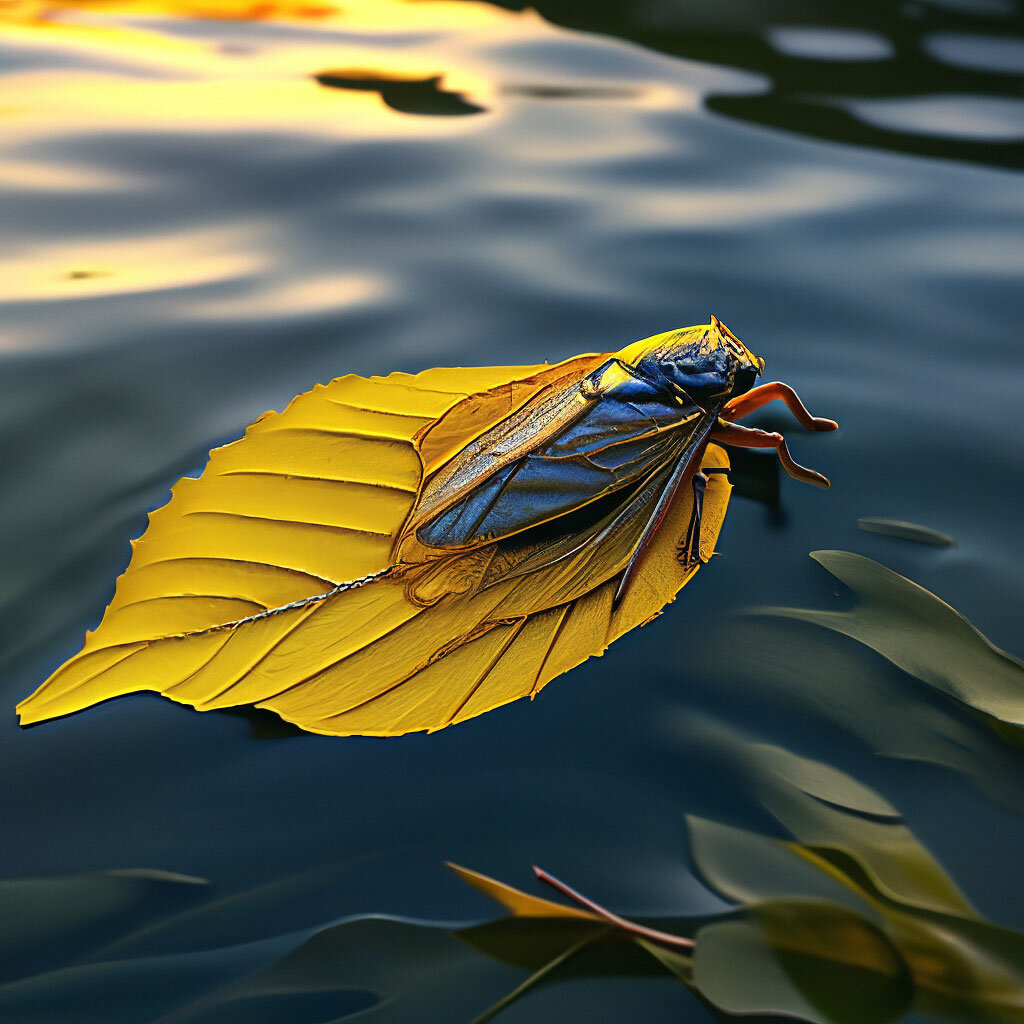 Цикада на желтом листе плывет по воде. Нейросеть Шедеврум.