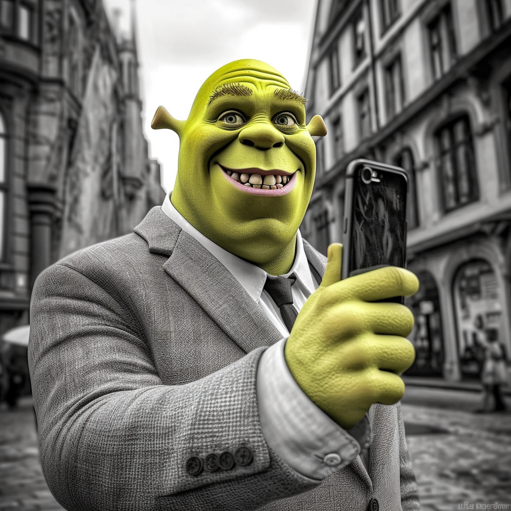 Оригинал промта на английском языке: colorfull and happy Shrek taking a selfie: he is exactly the same as the movie Shrek 1 release in 2001 he has the realistic same face as the film, standing in a dark, rainy, deserted street. He stands straight in a black and white tie suit, and poses with a neutral but charismatic face.