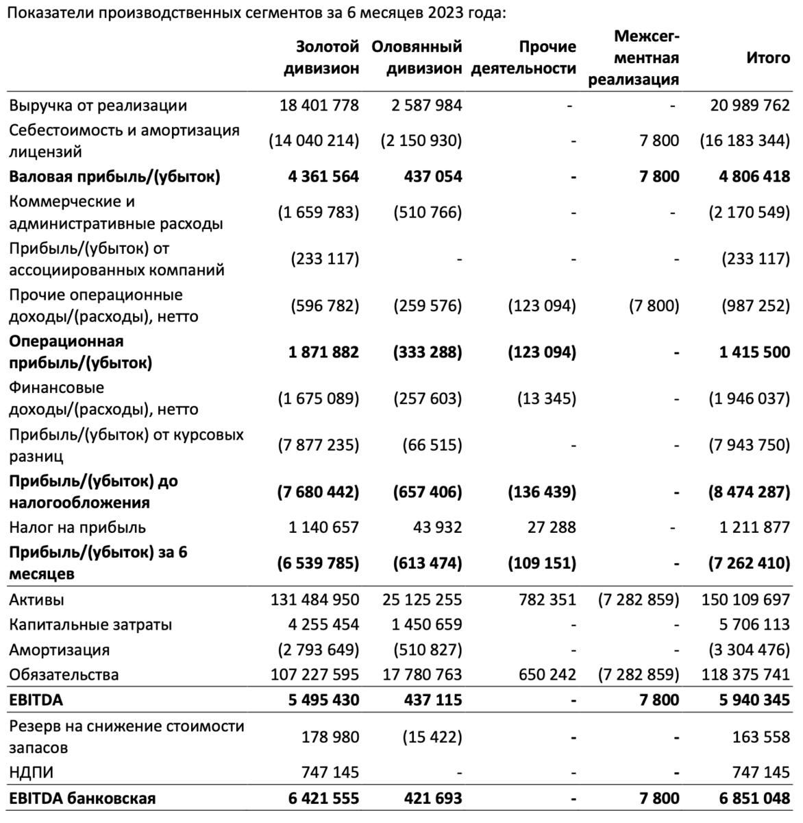 Данные по сегментам. Источник: отчетность компании за 1 полугодие 2023 года.