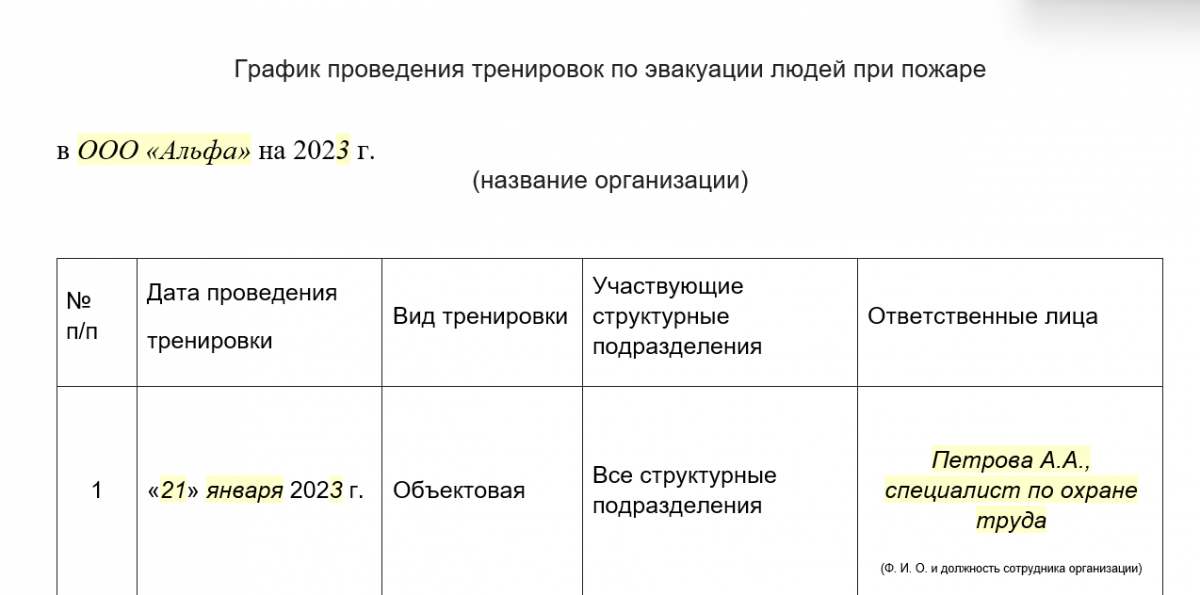 План график проведения тренировок