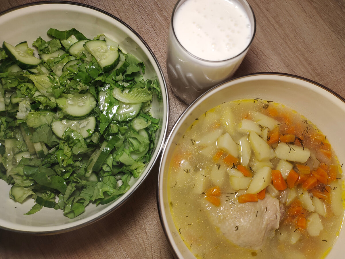 26.08.2023   22:00 суп куриный с картофелем, листья салата с огурцами и кефир