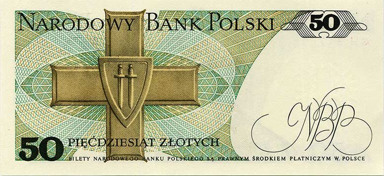 Оборотная сторона банкноты (реверс) с изображением польского военного ордена "Крест Грюнвальда", Им награждали за доблесть в борьбе с оккупантами, за свободу и независимость Польши, заслуги в организации вооружённых сил, успешном проведении боевых операций, как польских, так и иностранных граждан. Отменён в 1992 году.