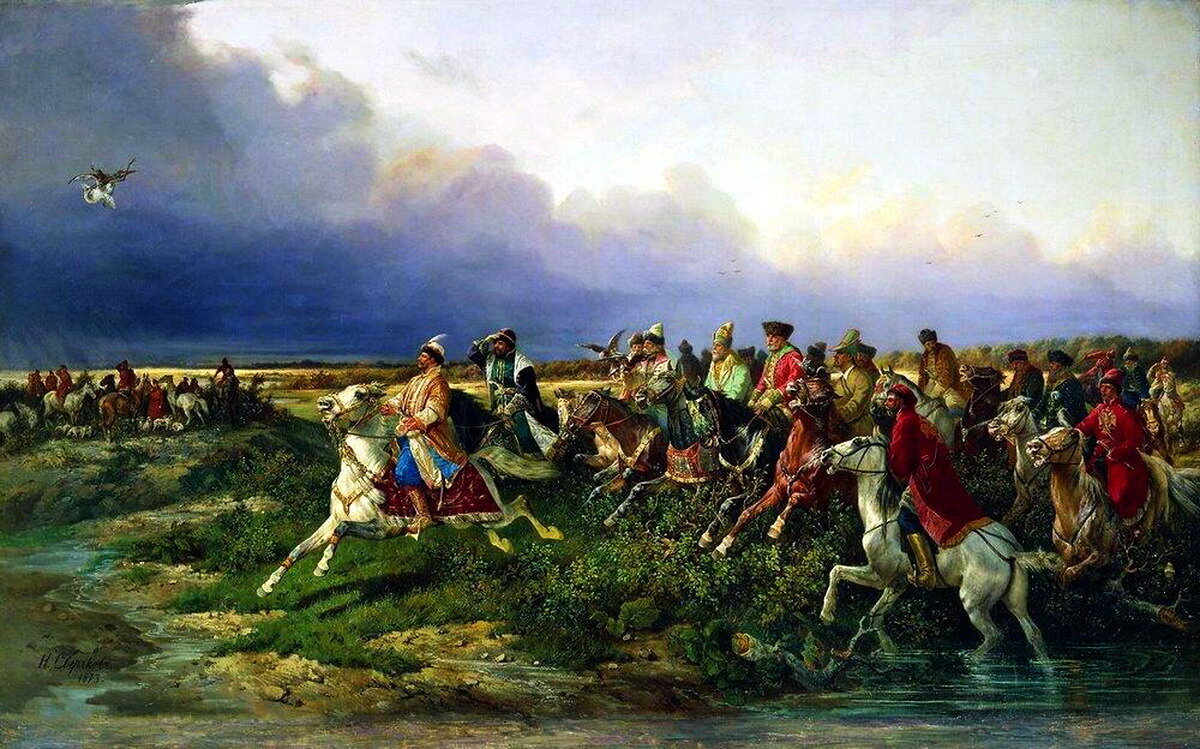 Царь Алексей Михайлович с боярами на соколиной охоте близ Москвы. Картина Н. Сверчкова