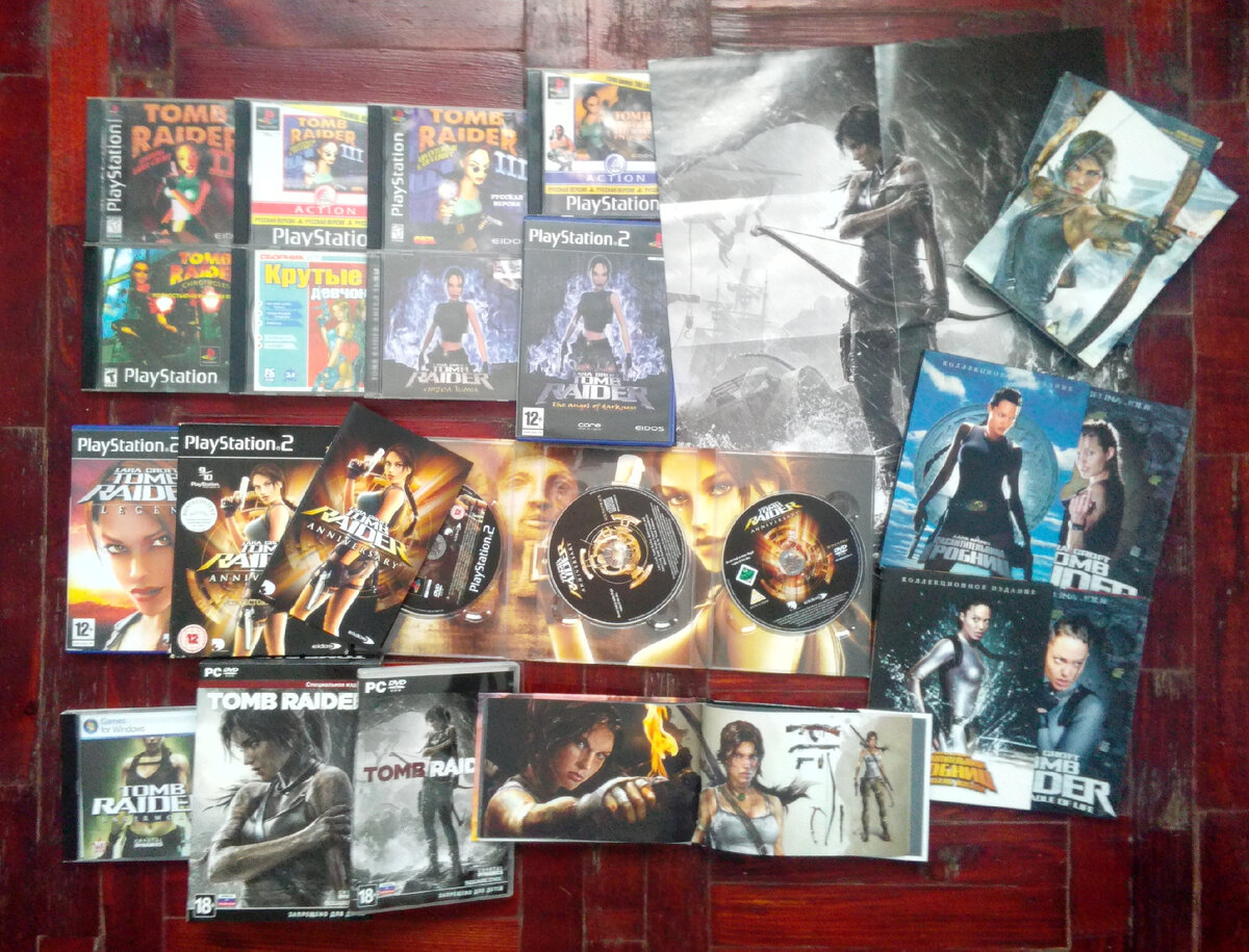 Фото из моей личной коллекции. Публикация фото преследует информационные цели. На фото коробки от игр и игры из серии Tomb Raider, студии Core Design: The Dagger of Xian, Adventures of Lara Croft, The Last Revelation, Chronicles, The Angel of Darkness. Студии Crystal Dynamics: Legend, Anniversary. Underworld, Tomb Raider 2013г. Диски с фильмами "Лара Крофт: Расхитительница гробниц", 2001г., режиссер Саймон Уэст. "Лара Крофт: Расхитительница гробниц 2, Колыбель жизни", 2003г., режиссер Ян де Бонт. Подробнее указано в статье.