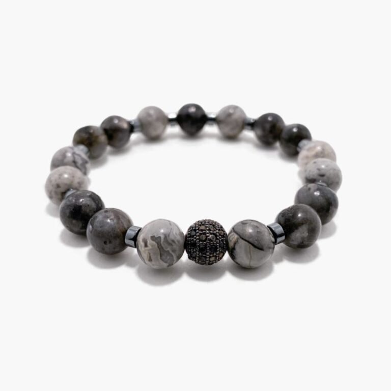 На фото браслет из лабрадора, серой яшмы и гематита