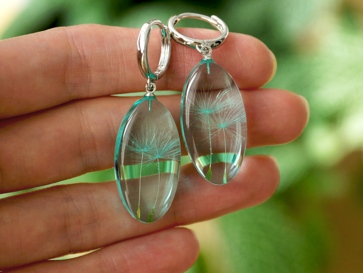 Серьги с одуванчиками в нежно морском цвете, швензы покрытые родием 