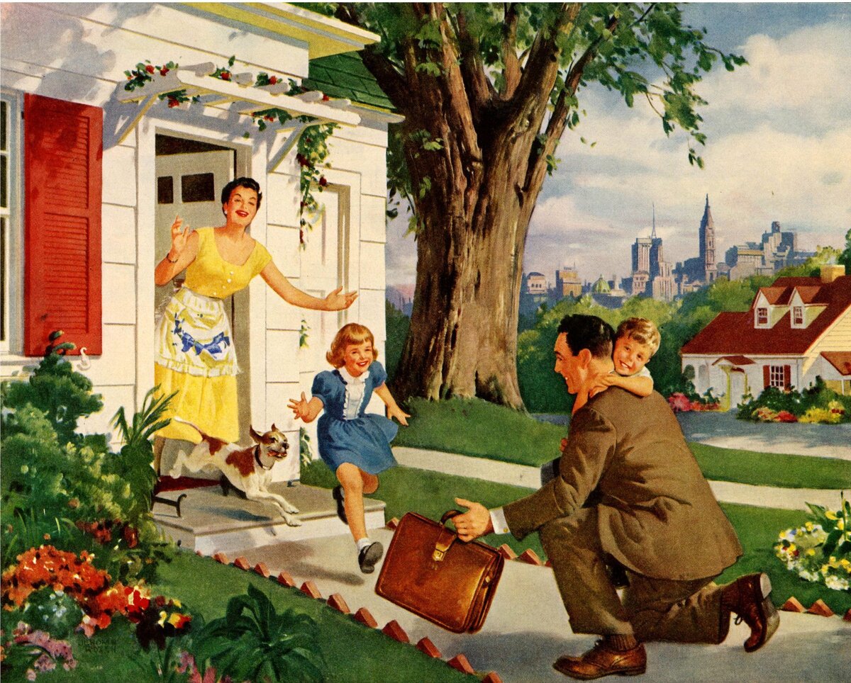 Жить в большом обществе. Американская мечта 50е. Американская мечта 1950. Ретро картины Америка 50е. Американская семья ретро.