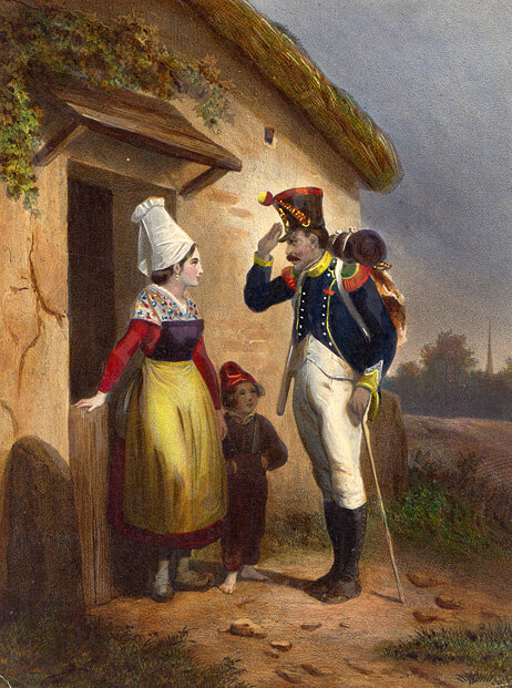Гравюра.Солдат на пороге дома. 1850-е годы