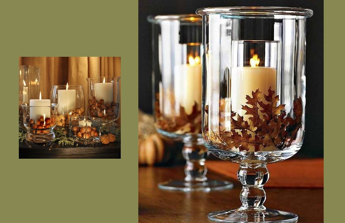 Просто орешки? Они не загорятся даже. А а свечу и листья можно разделить тарой разного размера.