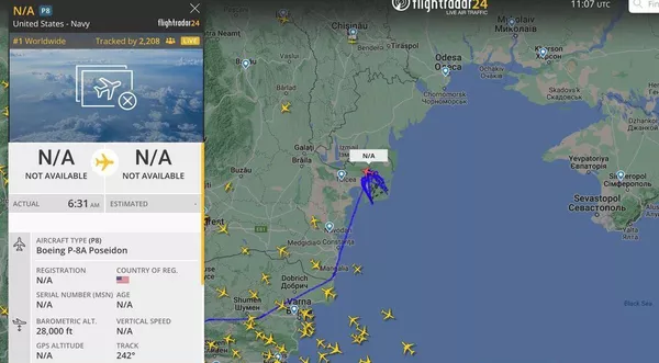 Согласно данным портала Flightradar24, американский "разведчик" вылетел с Сицилии в 9:31 мск