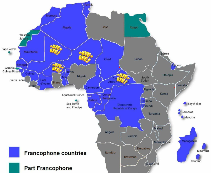 Шуточная карта французского телевидения, где обозначены франкоязычные страны, попросившие бывшую метрополию на выход.  Теперь вот и в Сенегале тоже начинает искрить.