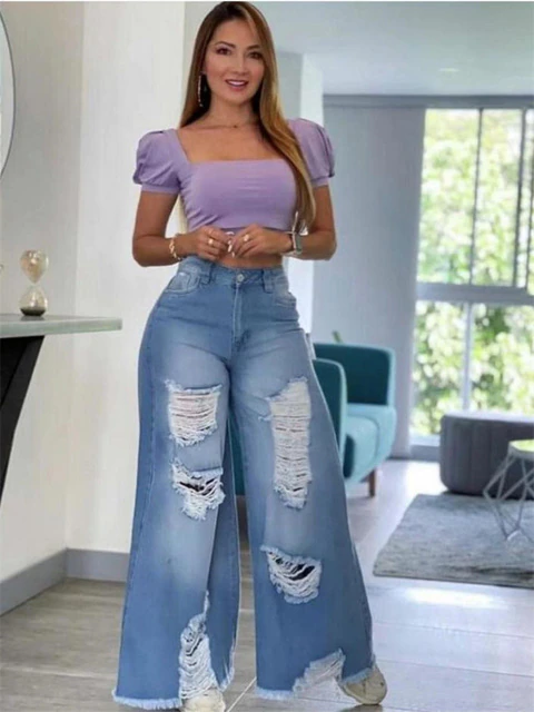 женские рваные джинсы с высокой талией,  свободные широкие брюки