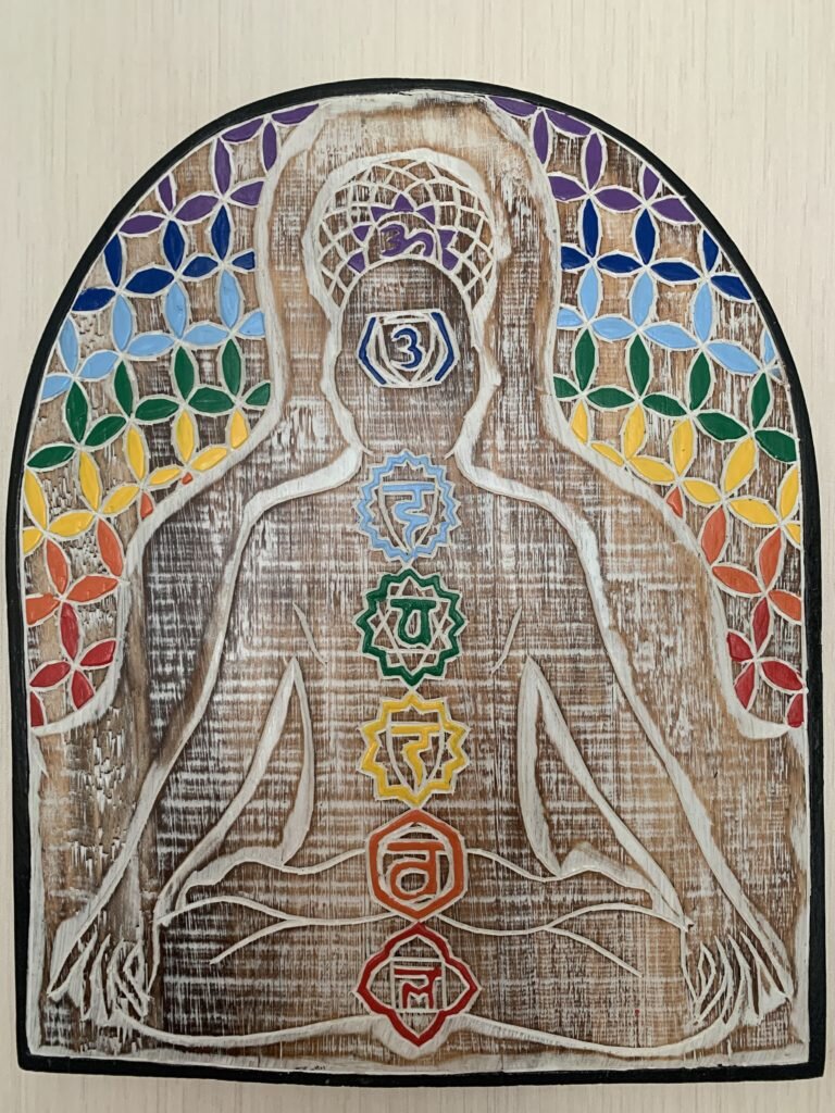 Эта разукрашенная дощечка висит у меня в комнате, в которой я практикую. Тут изображены чакры человека. В отличии от современного подхода, аюрведа (древняя индийская медицина) подразумевала целостный, холистический подход к организму человека. Все чакры связаны и влияют друг на друга и весь организм. Все органы и железы связаны, и влияют друг на друга. Нервная и физическая деятельность связаны и влияют друг на друга и тд.