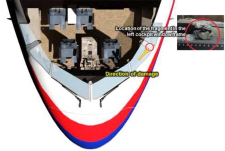 Желтая стрелка указывает, на мой взгляд  не траекторию, как заявляется Алмазом, а место попадания фрагмента в раму.