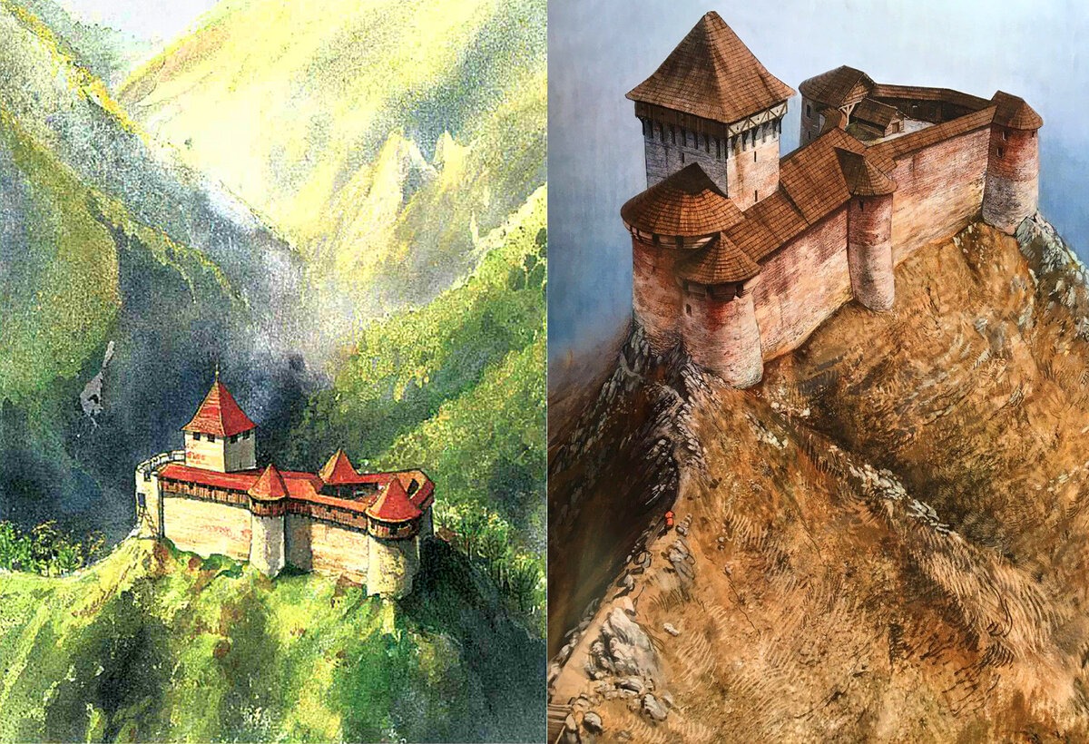 Румынский художник Раду Олтян попробовал воссоздать внешний вид крепости Поенарь. Два варианта из разных книг (Фото из открытых источников)
