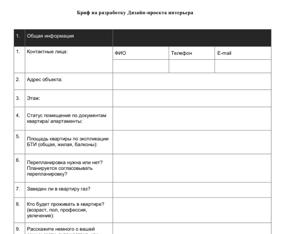 Анкета бриф для дизайн проекта