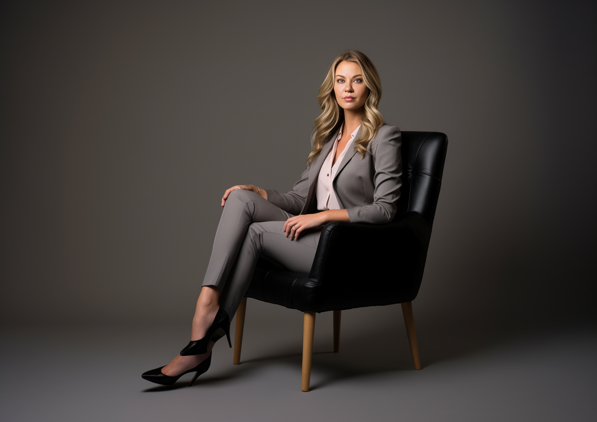 Юлия в образе для бизнес-фотосессии. Студийный кадр. Сгенерировано ИИ.