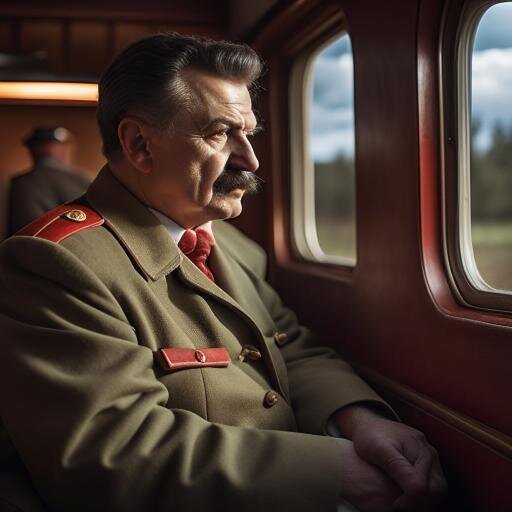 Сталин смотрин из вагона на свою скульптуру. Рисует ИИ.