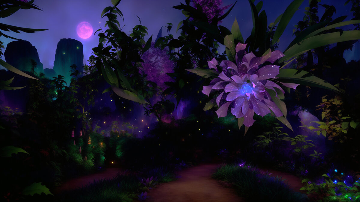  Цветущая Лощина(Blossom Hollow) ночью. Хотя видимость существенно ограничена, но многие существа и растения излучают свет, который не позволит игроку потеряться во мраке