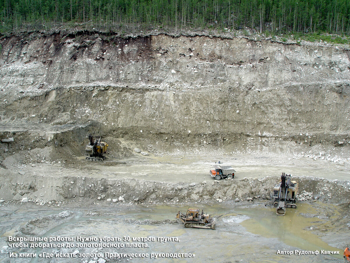 Фото. Вскрыша 30 метров. Преимущество эфельных отвалов - их можно подавать сразу на промприбор и получать золото, без тяжёлых вскрышных работ.  