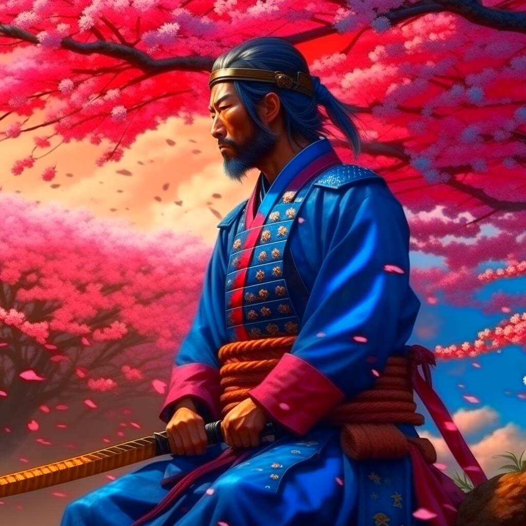 Японский воин любуется цветущей сакурой. Нейросеть Kandinsky 2.2.
