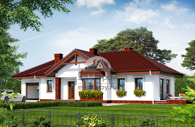 Проект одноэтажного дома 123 м2 с гаражом, эркером и террасой - 102-80