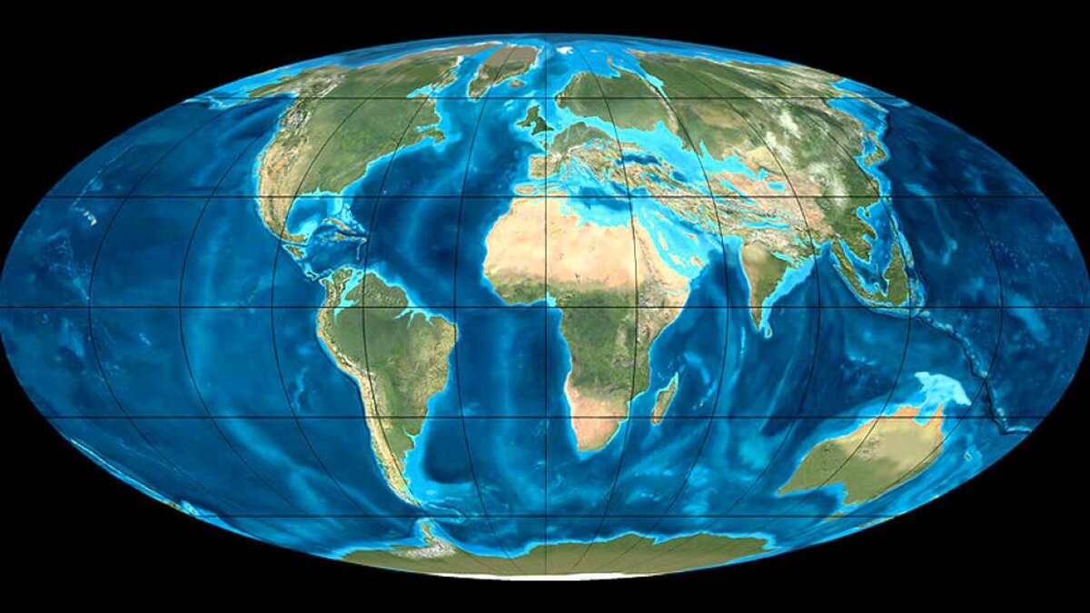 Формирование океанов. Карта земли в палеогеновый период. Древний океан Тетис. Расположение материков в меловой период. Карта земли 65 млн лет назад.