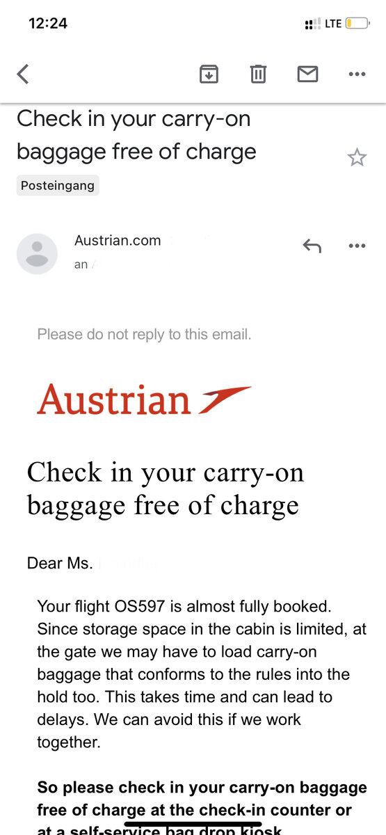 Письмо Австрийских авиалиний с просьбой сдать ручную кладь в багаж