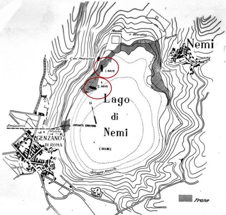 Чертёж озера Неми и обозначения местоположения кораблей
