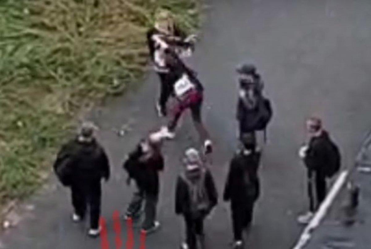    На видео попал момент потасовки между двумя подростками, еще несколько школьников наблюдали за происходящим.