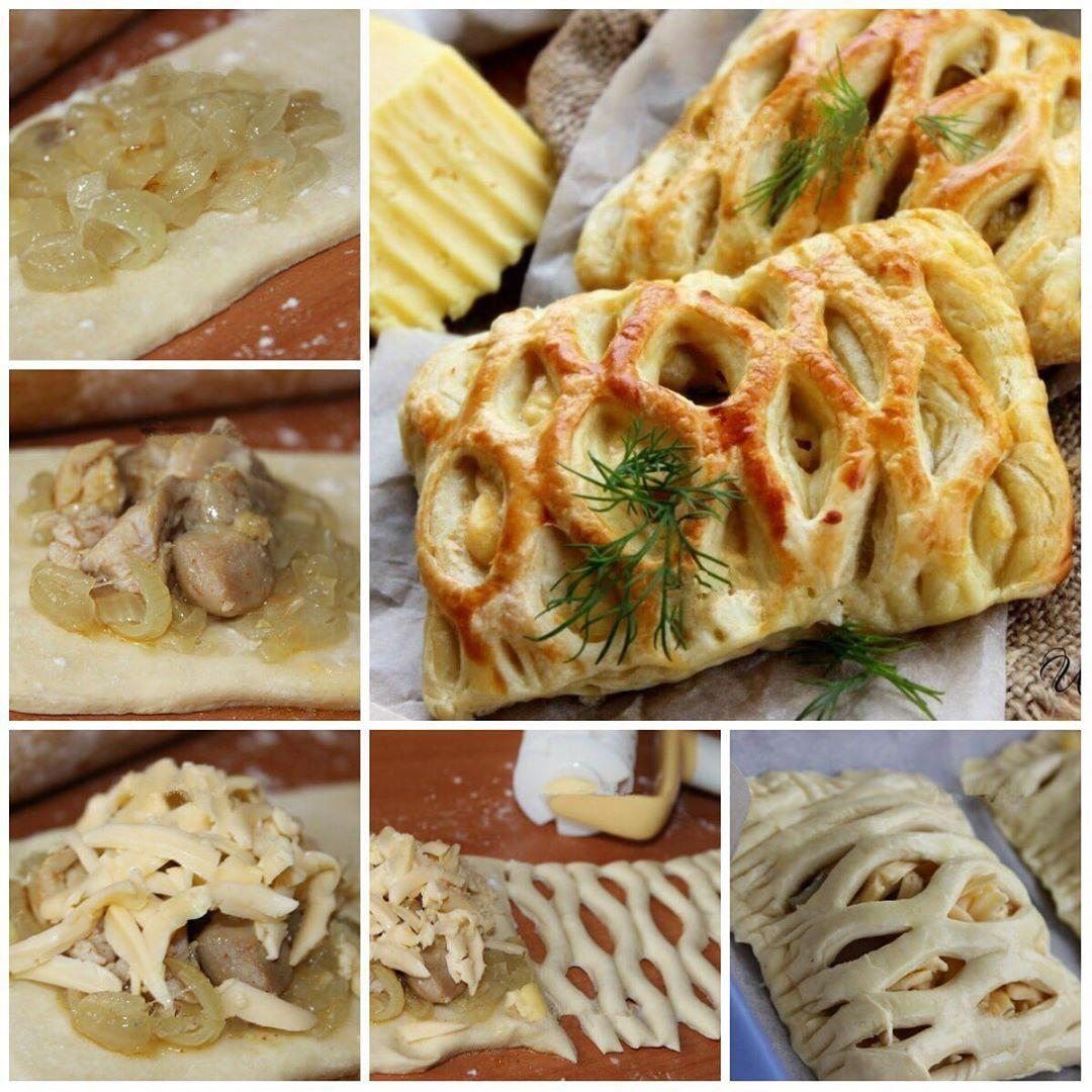 Слойка с курицей из слоеного. Слойки из слоеного теста с сыром. Слойки с сыром из дрожжевого теста. Слойки с курицей. Слойки с сыром в духовке