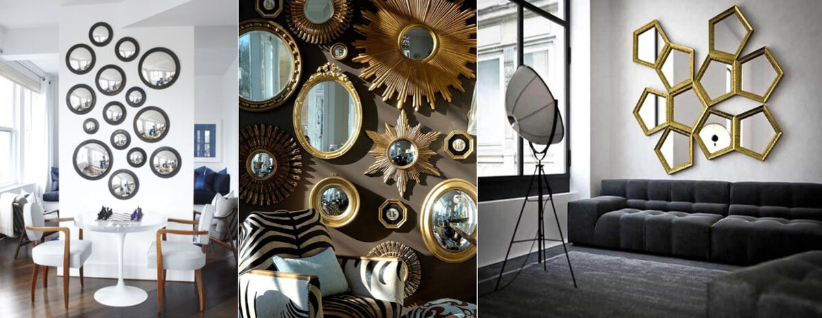 Пусть рамы будут причудливо-фигурные, насыщенных цветов и оригинальных фактур. Используйте одно большое зеркало или группу маленьких в разных рамах и разных форм. В современных интерьерах можно использовать скульптурные зеркала, главное грамотно подобрать место для них, ведь зеркала, не только красивые предметы интерьера, но еще и усилители энергетики.
