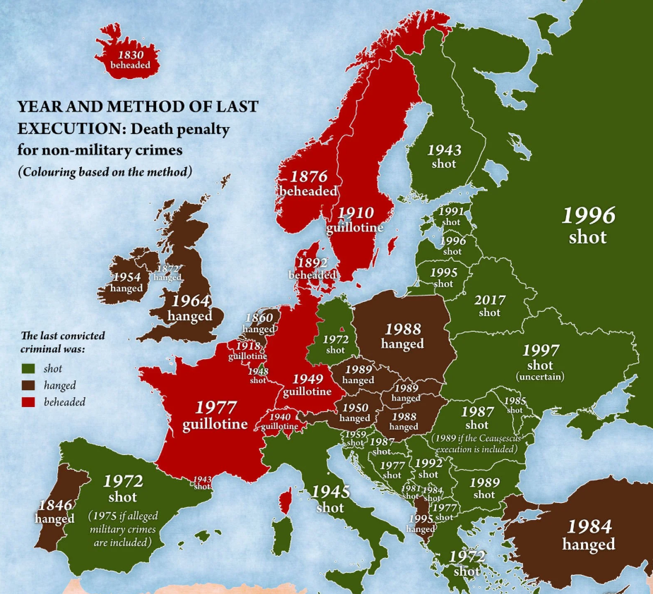 Карта последних смертных казней в странах Европы