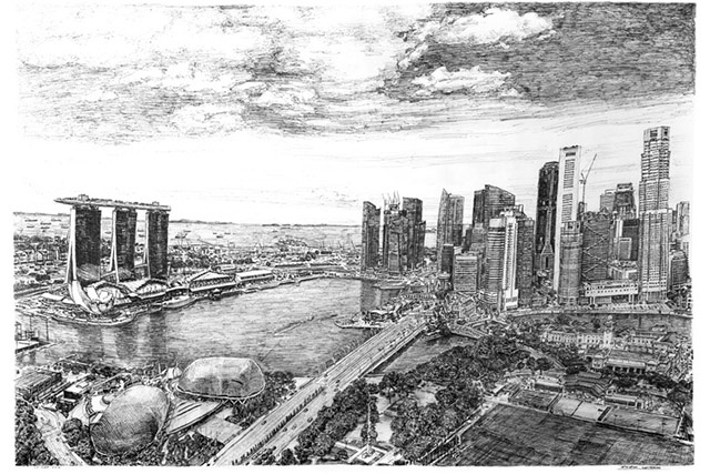 Стивен Уилтшир — «Марина Бэй, Сингапур». 2016. // http://www.stephenwiltshire.co.uk Стивен Уилшир — британский художник, обладающий способностью рисовать по памяти мельчайшие детали архитектурных сооружений. В возрасте трех лет у него был диагностирован синдром саванта, одно из состояний аутистического спектра.