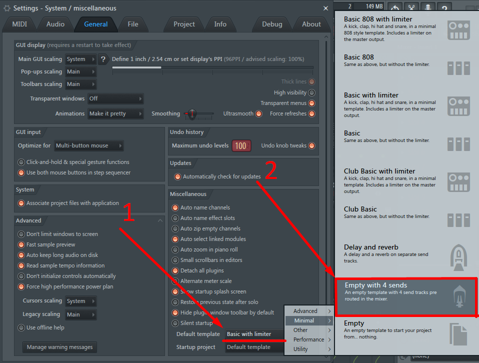 Если выбрать Empty with 4 sends, новые проекты будут создаваться с четырьмя сенд каналами (фото ниже).