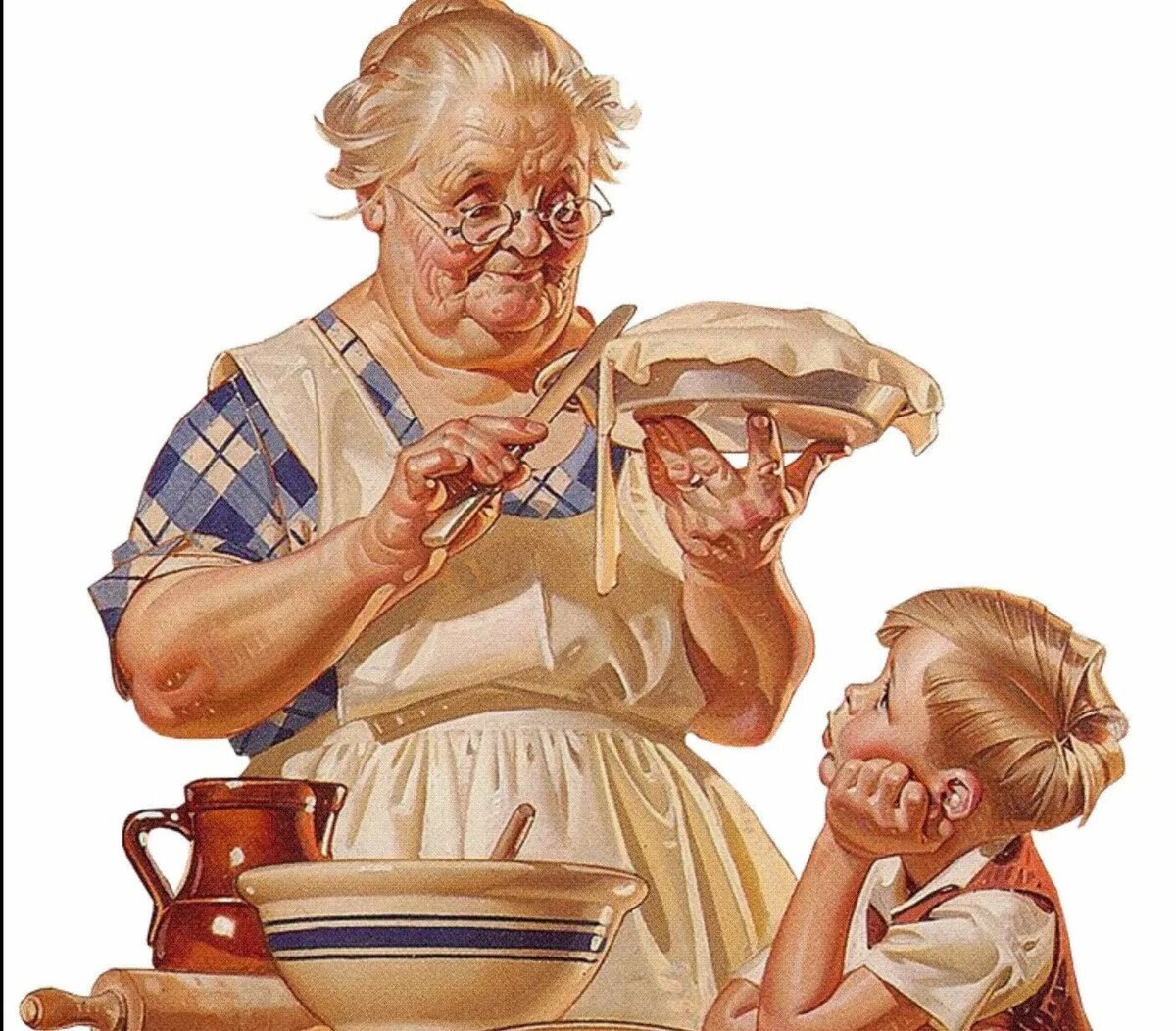 Бабушка угощает внука