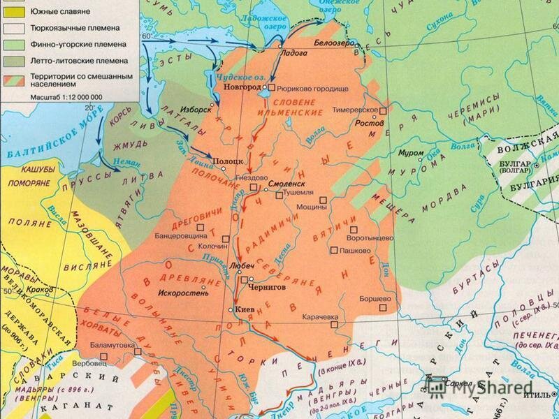 все славянские племена (красным) иноземные колонизаторы победившие чудь (зеленые)
