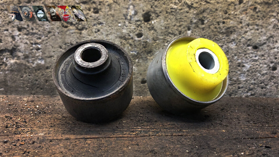 Полиуретановый и резиновый сайлентблоки. Резиновый порвался, видно как