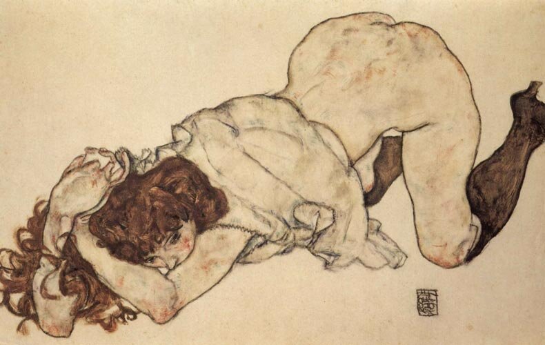 Эгон Шиле. Девушка на коленях, опирающаяся на локти, 1917
