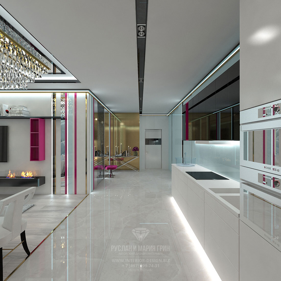 Компактная кухня вытянута в линию и вынесена в коридор