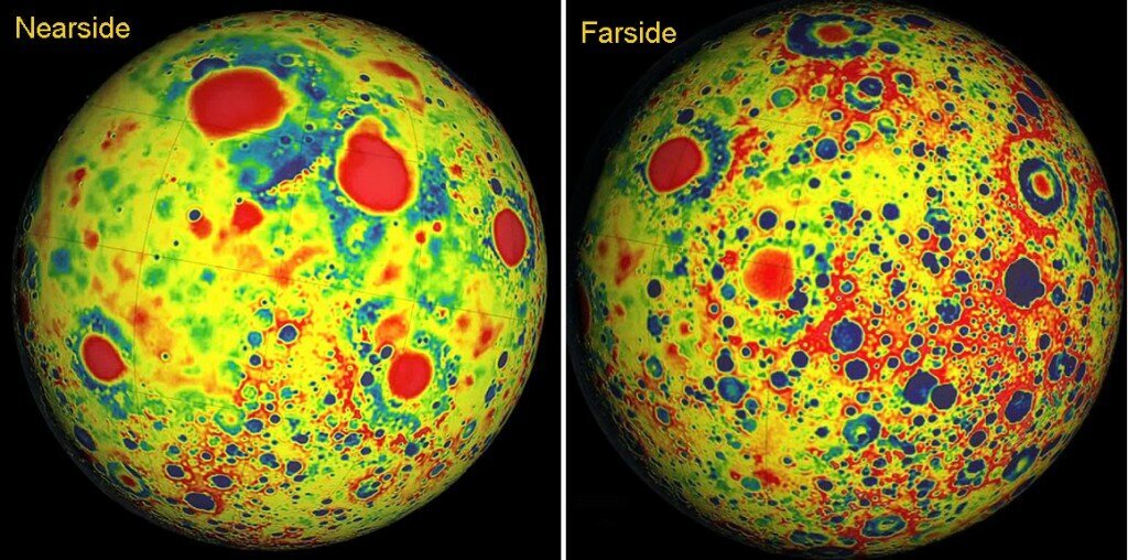 Гравитационная карта Луны (масконы - красные пятна). Слева - видимая сторона Луны.