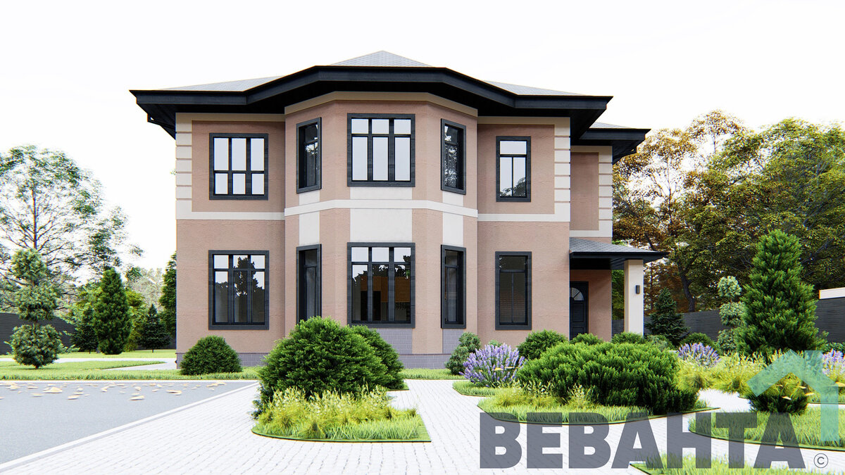 Главный фасад дома, украшенный многоугольным эркером со множеством окон