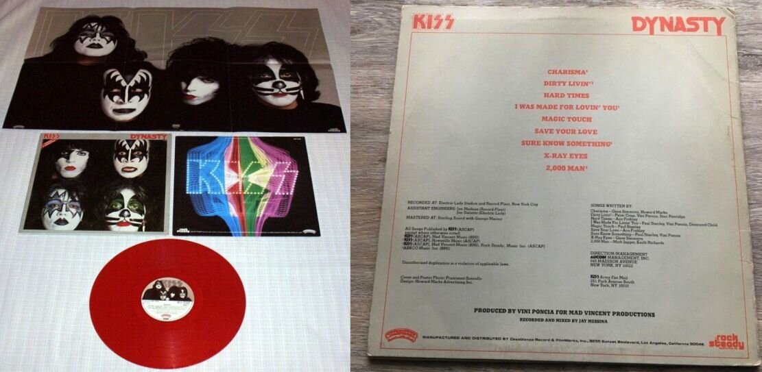 Kiss "Dynasty" 1979 г., передняя часть конверта, пластинка, внутренний конверт и плакат, который шел к диску 