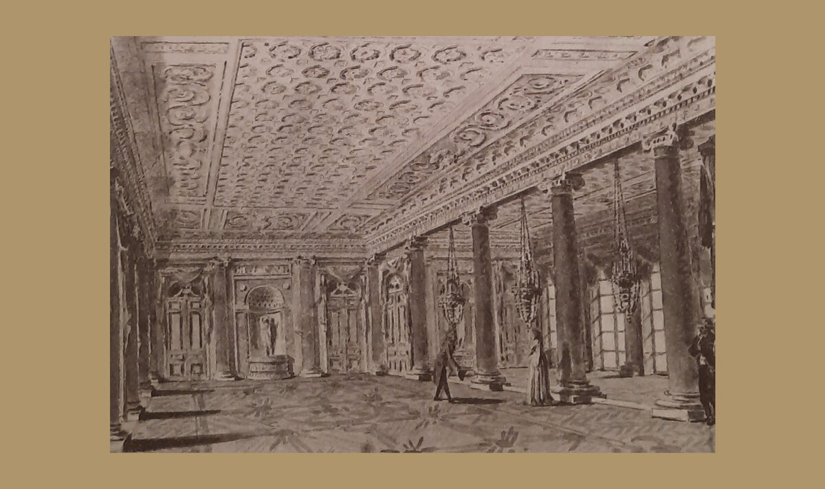 А. Н. Воронихин. Вид углового зала в Строгановском дворце. 1794. Бумага, акварель, тушь, перо. 19,9х26,1.  Санкт-Петербург. Государственный Русский музей.