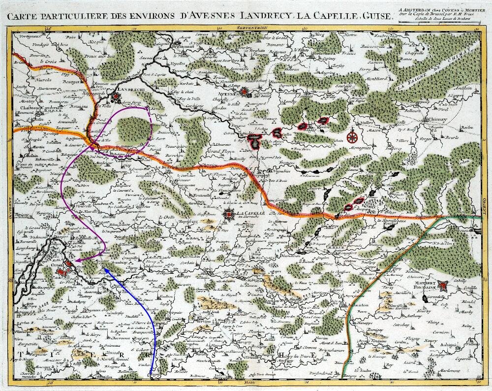 Примерные пути движения корпуса Гонзаги к Гюиз (пурпур) и корпуса Бриссака (синь). Масштабная линейка в 2 брабантские лиги (вверху справа) равна примерно 11 км.
